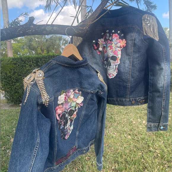 Custom Embellished Jacket with Rhinestone Epaulettes, Skull Design & Flowers - Picture 8 of 11